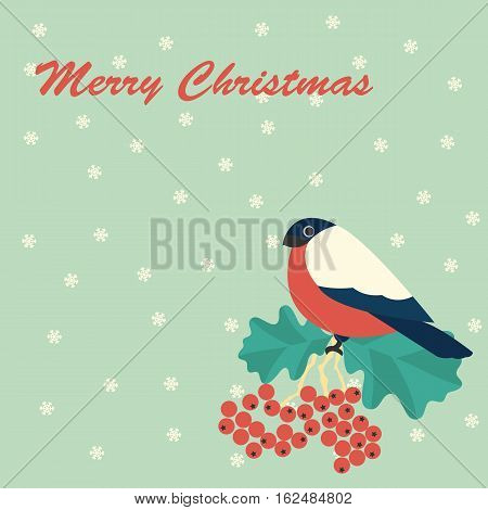 Merry Christmas vector illustration of bulfinch and rowan with snowflake