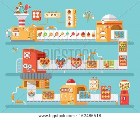 Stock vector vertical illustration of isolated conveyor for production and packaging candies, lollipops and sweets, in flat style on blue background for banner, website, printed materials