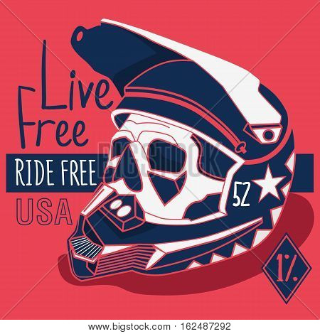 Vintage old school hand drawn styled vector label of skull in helmet. Cafe racer theme. Vector illustration.