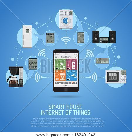 Smart House and internet of things concept. smartphone controls smart home like smart plug, fridge coffee maker washer microwave and music center flat icons. vector illustration