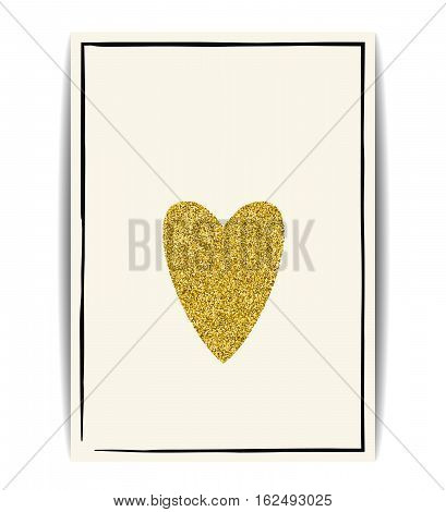 Banner template with love symbol. Golden texture heart with glitter sequins. Place for text. Design for Valentine card or wedding invitation, t-shirt, labels, postcards. Vector EPS10 illustration.