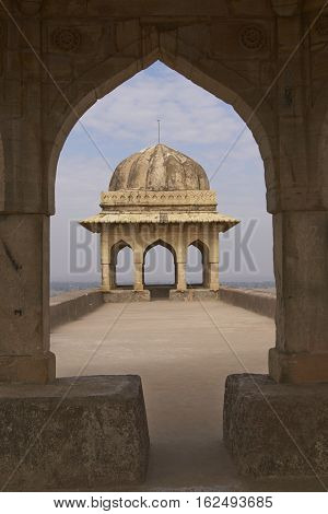 MANDU, INDIA - NOVEMBER 17, 2008: Historic Rani Rupmati's Pavilion inside the hilltop fort of Mandu in Madyha Pradesh, India. Built in stages from 15th century onwards.