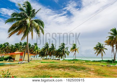 Cayo Guillermo island, Sercotel resort, Cuba, July 4, 2016, nice amazing gorgeous tropical landscape view and hotel grounds against inviting tranquil ocean background on sunny day