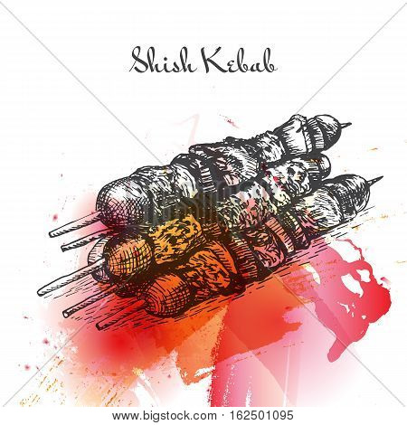 Shish Kebab watercolor effect illustration. Vector illustration of Turkish cuisine.