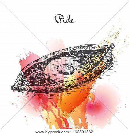 Pide watercolor effect illustration. Vector illustration of Turkish cuisine.