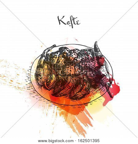 Kofte watercolor effect illustration. Vector illustration of Turkish cuisine.