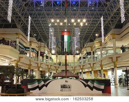 DUBAI, UAE - NOV 27: National Day decorations at Wafi Mall in Dubai, UAE, as seen on Nov 27, 2016. Wafi City, styled after ancient Egypt, is a mixed-use development including a mall, hotel, restaurants, and residences.