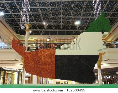 DUBAI, UAE - NOV 27: National Day decorations at Wafi Mall in Dubai, UAE, as seen on Nov 27, 2016. Wafi City, styled after ancient Egypt, is a mixed-use development including a mall, hotel, restaurants, and residences.