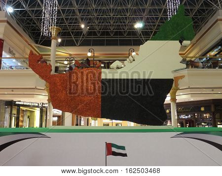 DUBAI, UAE - NOV 27: National Day decorations at Wafi Mall in Dubai, UAE, as seen on Nov 27, 2016. Wafi City, styled after ancient Egypt, is a mixed-use development including a mall, hotel, restaurants, and residences.