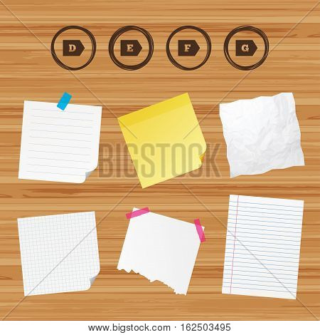 Business paper banners with notes. Energy efficiency class icons. Energy consumption sign symbols. Class D, E, F and G. Sticky colorful tape. Vector