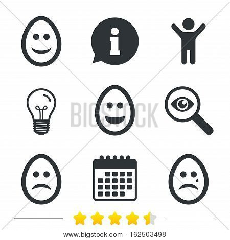 Eggs happy and sad faces icons. Crying smiley with tear symbols. Tradition Easter Pasch signs. Information, light bulb and calendar icons. Investigate magnifier. Vector