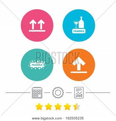 Fragile icons. Delicate package delivery signs. This side up arrows symbol. Calendar, cogwheel and report linear icons. Star vote ranking. Vector