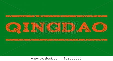 Qingdao watermark stamp. Text tag between horizontal parallel lines with grunge design style. Rubber seal stamp with dust texture. Vector orange color ink imprint on a green background.