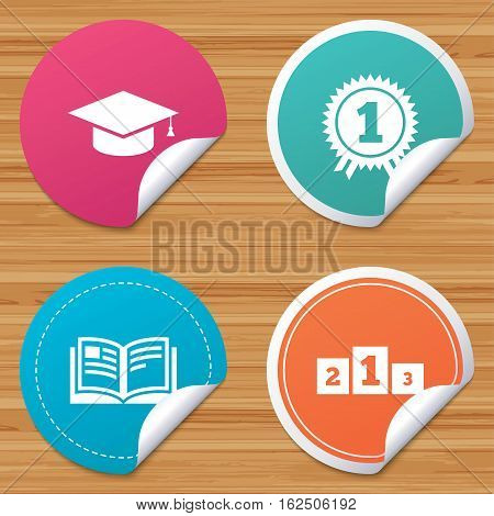 Round stickers or website banners. Graduation icons. Graduation student cap sign. Education book symbol. First place award. Winners podium. Circle badges with bended corner. Vector