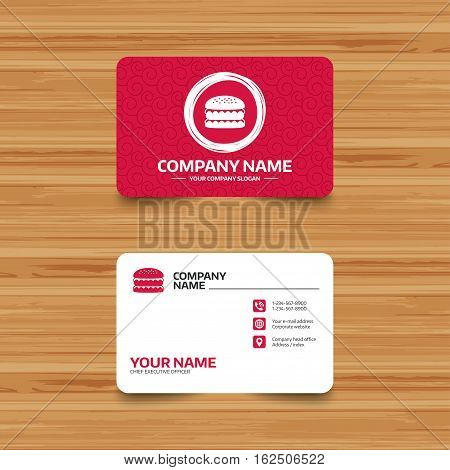 Business card template with texture. Hamburger icon. Burger food symbol. Cheeseburger sandwich sign. Phone, web and location icons. Visiting card  Vector