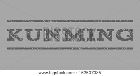 Kunming watermark stamp. Text caption between horizontal parallel lines with grunge design style. Rubber seal stamp with unclean texture. Vector dark gray color ink imprint on a silver background.