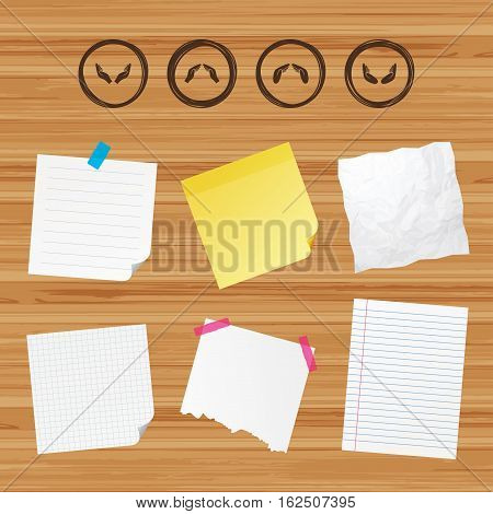 Business paper banners with notes. Hands icons. Insurance protection signs. Human helping donation hands. Prayer meditation hands sybmols. Sticky colorful tape. Vector