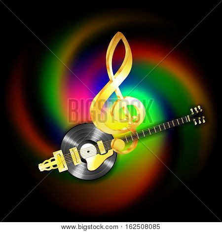 Bright glowing musical string jazz guitar and vinyl records. Image executed with a black background and can be used with any text or image.