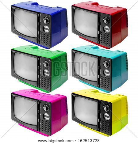 Set of colotful vintage analog television isolated over white background clipping path.