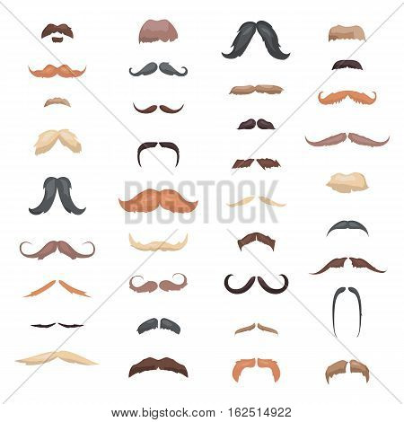 Huge collection mustache retro curly set. Mustache different colors and forms hair. Mustaches barber silhouette hairstyle hipster mask disguise. Vector fashion gentleman signs