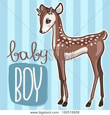 Little baby deer vector illustration. Cute blue card with little fawn boy