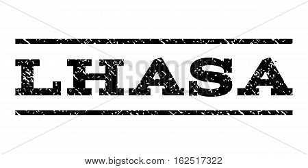 Lhasa watermark stamp. Text caption between horizontal parallel lines with grunge design style. Rubber seal stamp with dirty texture. Vector black color ink imprint on a white background.