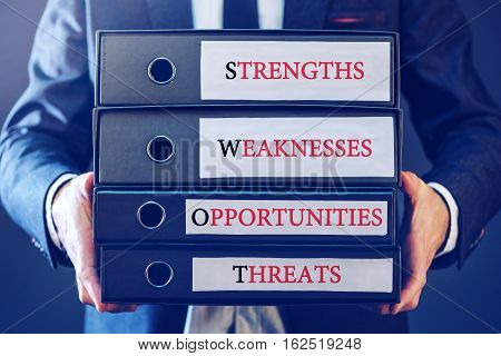 Business SWOT analysis concept businessman with ring binders for strength weakness opportunity and threat folders.