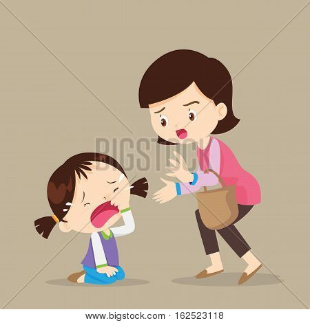 Cute girl crying and Her Mom Comforting Upset.cartoon vector illustration.