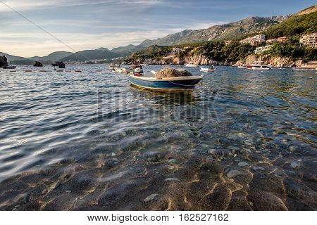 Summer sunset in Przno bay in Montenegro