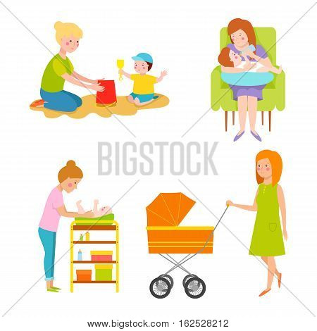 Young mother vector characters and happy parent. Togetherness newborn face parenting lifestyle cheerful motherhood. Adorable healthy happiness family portrait.