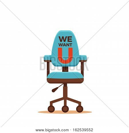 Office chair with we need you message colorful flat concept. Vector illustration of business chair icon. Corporate team vacancy design vector concept.