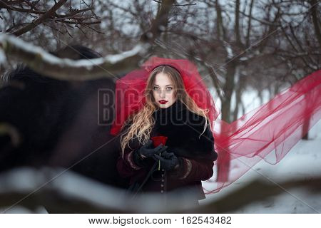 Girl In Dark Clothes With A Black Horse