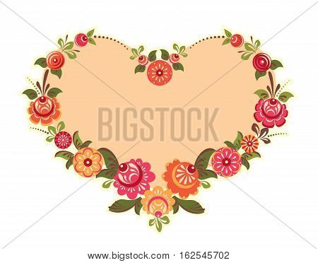 Decorative flower frame in heart shape floral ornament in folk style