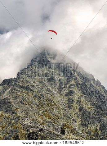 Paragliding and peak Lomnicky stit in High Tatras mountains Slovakia
