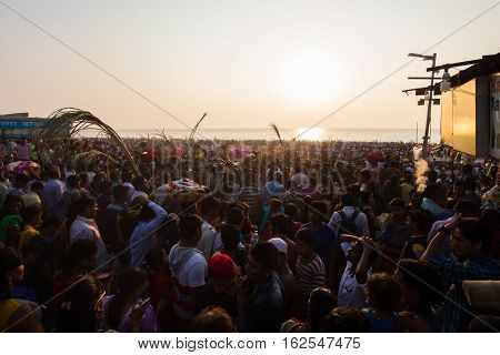 Mumbai, India - 6 November: The ancient Hindu Chhath Puja Festival being celebrated on Juhu Beach in Mumbai on 6th November 2016.