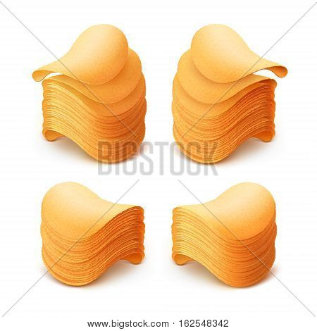 Vector  Set of  Potato Crispy Chips Stacks Close up Isolated on White Background