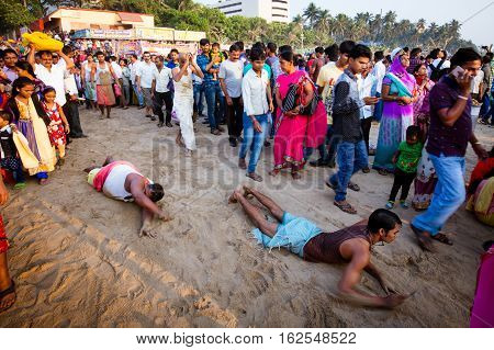 Mumbai, India - 6 November: The ancient Hindu Chhath Puja Festival being celebrated on Juhu Beach in Mumbai on 6th November 2016.