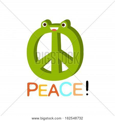 Peace Word And Corresponding Illustration, Cartoon Character Emoji With Eyes Illustrating The Text. Primitive Symbol Emoticon For Messages Flat Vector Icon.