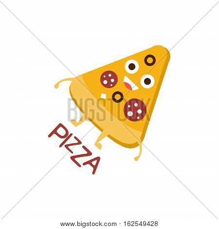 Pizza Slice Word And Corresponding Illustration, Cartoon Character Emoji With Eyes Illustrating The Text. Primitive Symbol Emoticon For Messages Flat Vector Icon.