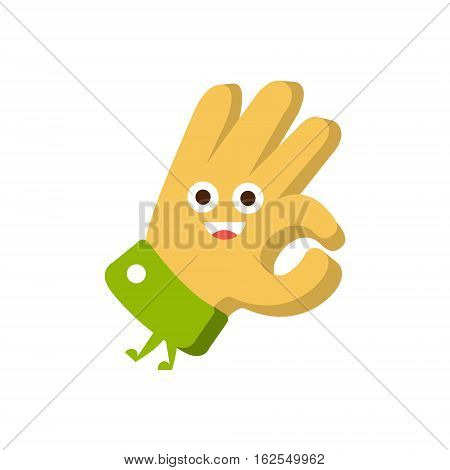 Ok Gesture, Word And Corresponding Illustration, Cartoon Character Emoji With Eyes Illustrating The Text ure. Primitive Symbol Emoticon For Messages Flat Vector Icon.