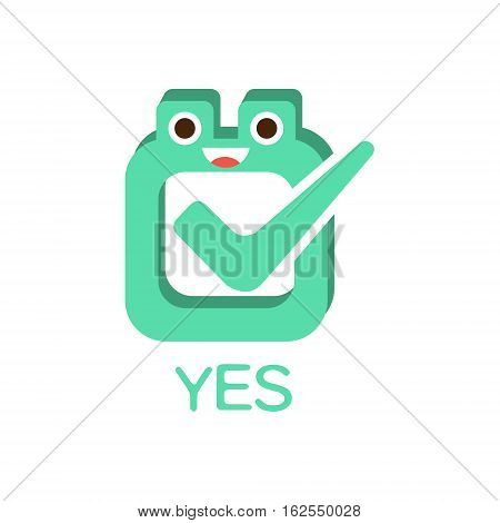 Yes Vote And Box, Word And Corresponding Illustration, Cartoon Character Emoji With Eyes Illustrating The Text. Primitive Symbol Emoticon For Messages Flat Vector Icon.