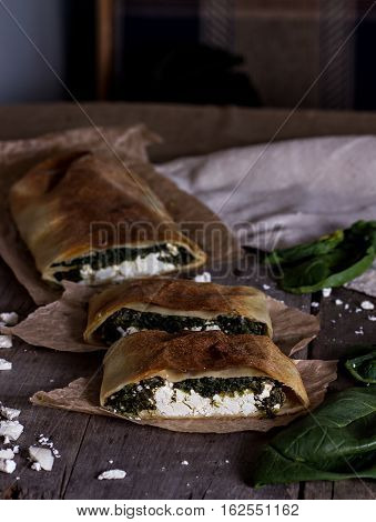 Pie or strudel with spinach and feta cheese