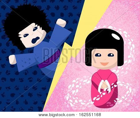 Japanese dolls with positive and negative emotions vector illustration. Kokeshi doll hand-drawn image. Emotional intelligence concept picture. Anger vs good feeling. Wrath and kindness. Emotional girl