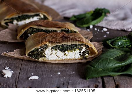 Pie or strudel with spinach and feta cheese