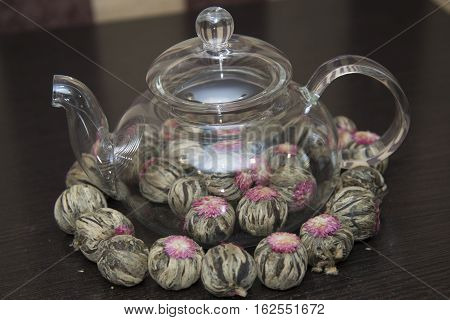 Chinese Green Tea In A Transparent Teapot.