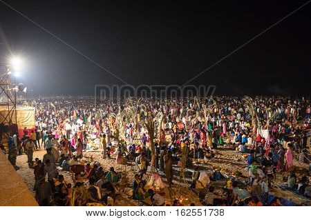 Mumbai, India - 6 November: The ancient Hindu Chhath Puja Festival being celebrated on Juhu Beach in Mumbai on 6th November 2016.