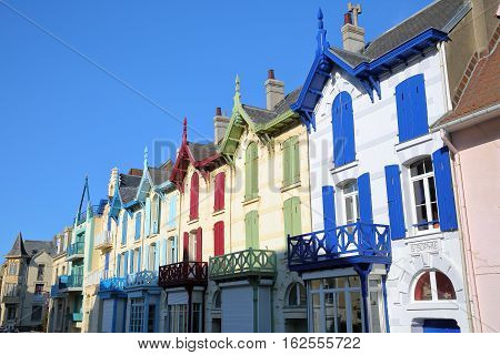 WIMEREUX, FRANCE - AUGUST 29, 2016: Traditional and colorful houses in Cote d'Opale, Pas-de-Calais