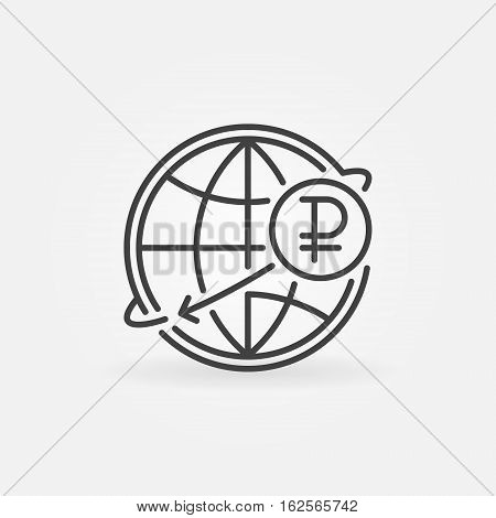 Russian international money transfer icon. Ruble currency concept symbol in thin line style. RUB with globe linear sign or logo element