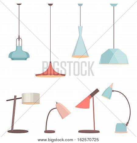 Lamps sign set for interior. Electricity floor lamp and table lamps concept. Home decoration object in flat style. Vector spotlight accessory icon
