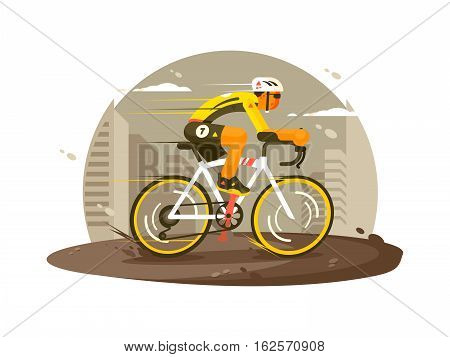 Sport athlete cyclist quickly rides on bicycle. Vector flat illustration